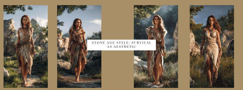 AI-generated women in Stone Age summer dresses made from hide and woven grass, standing in a natural rocky landscape