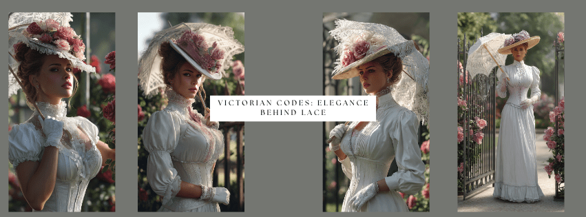 AI-generated Victorian women in high-collared lace dresses with gloves and parasols, walking in rose gardens