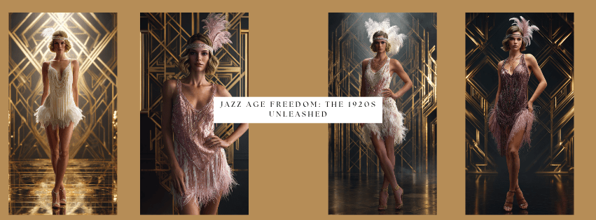 AI-generated women in 1920s flapper-style summer dresses with fringe, sequins, and feathered headpieces