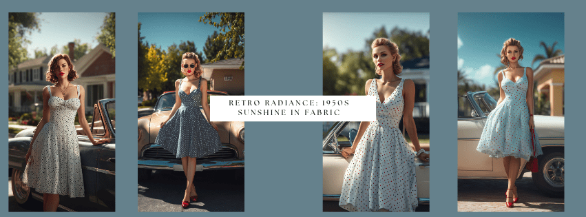 AI depiction of women in 1950s vintage polka dot summer dresses, standing beside classic cars in suburban settings