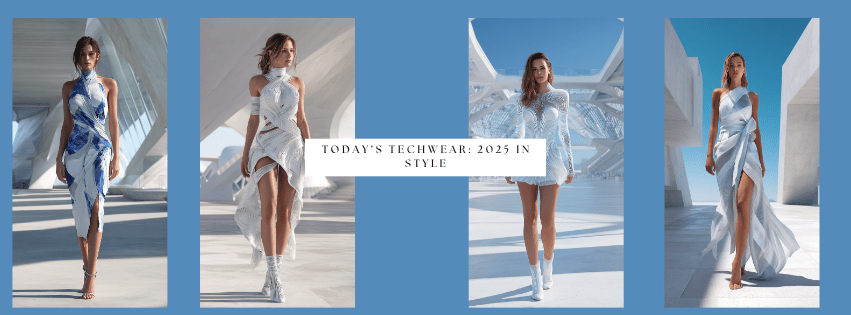 AI-generated women in futuristic 2025 techwear summer dresses with white fabrics and sleek architectural backgrounds