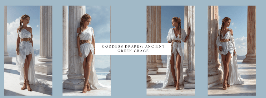 AI-rendered women in flowing white Greek chitons with gold belts, standing among marble columns