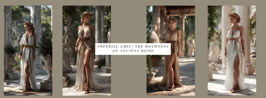 AI-generated fashion featuring women in Roman stolas and pallas with empire waists, surrounded by lush Roman gardens