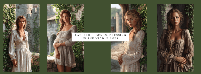 AI visual of women in medieval layered summer gowns, long sleeves, and lace details standing near castle ruins