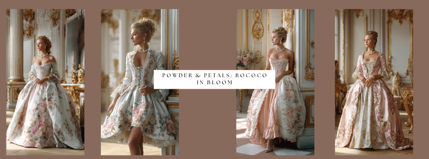 AI-generated Rococo fashion with floral silk gowns, corsets, and powdered wigs in a gold-trimmed interior