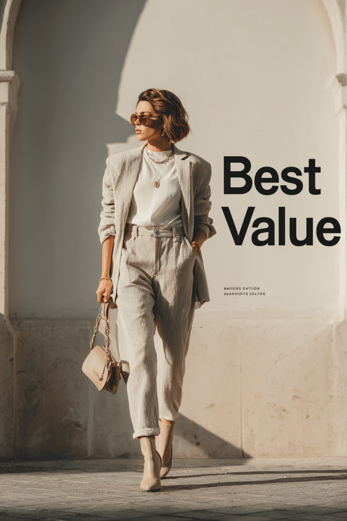 Fashion-forward woman in a pinstriped neutral suit with sunglasses and a crossbody bag, walking confidently past a sunlit wall labeled ‘Best Value’