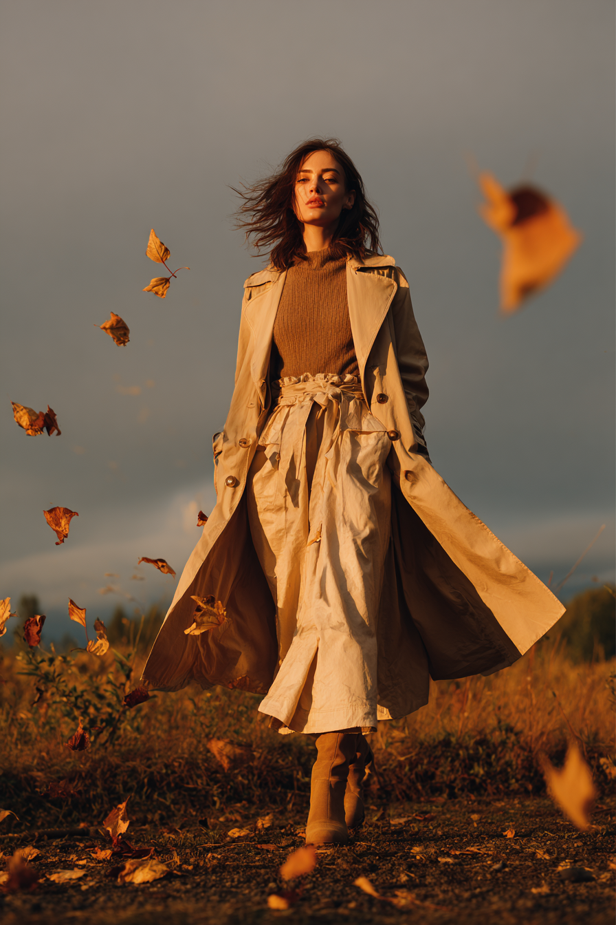 Stylish woman walking through autumn leaves in a trench coat and earth-tone sweater under moody sunset light