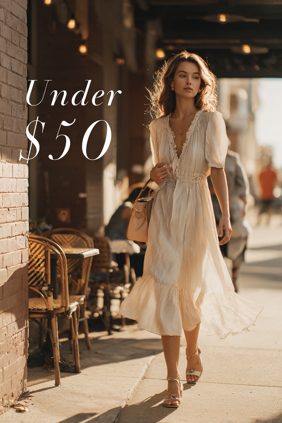 Stylish woman in a light ruffled midi dress walking beside a café street in warm daylight, representing fashion under $50